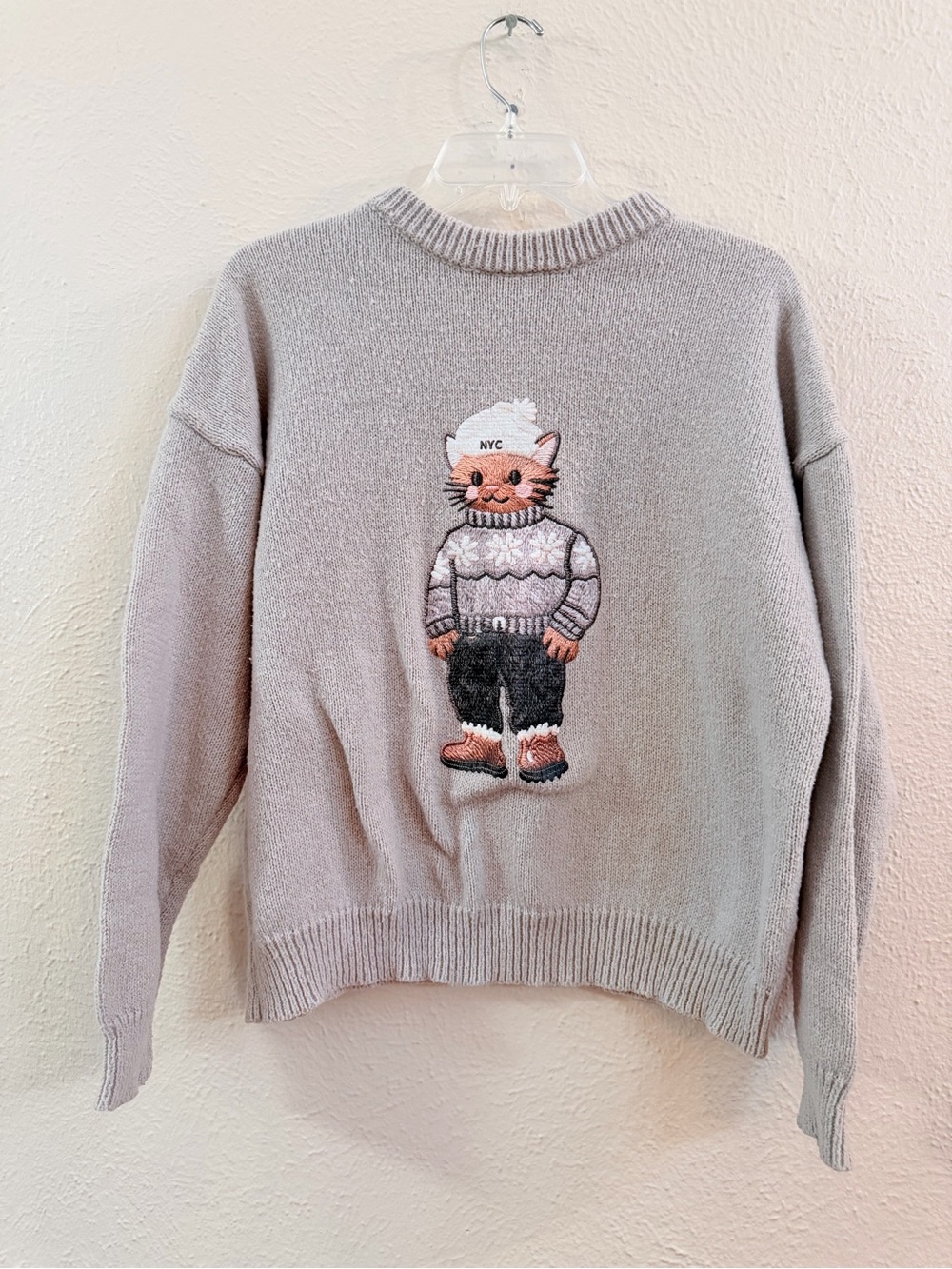 Shein gray crew sweater with embroidered cat